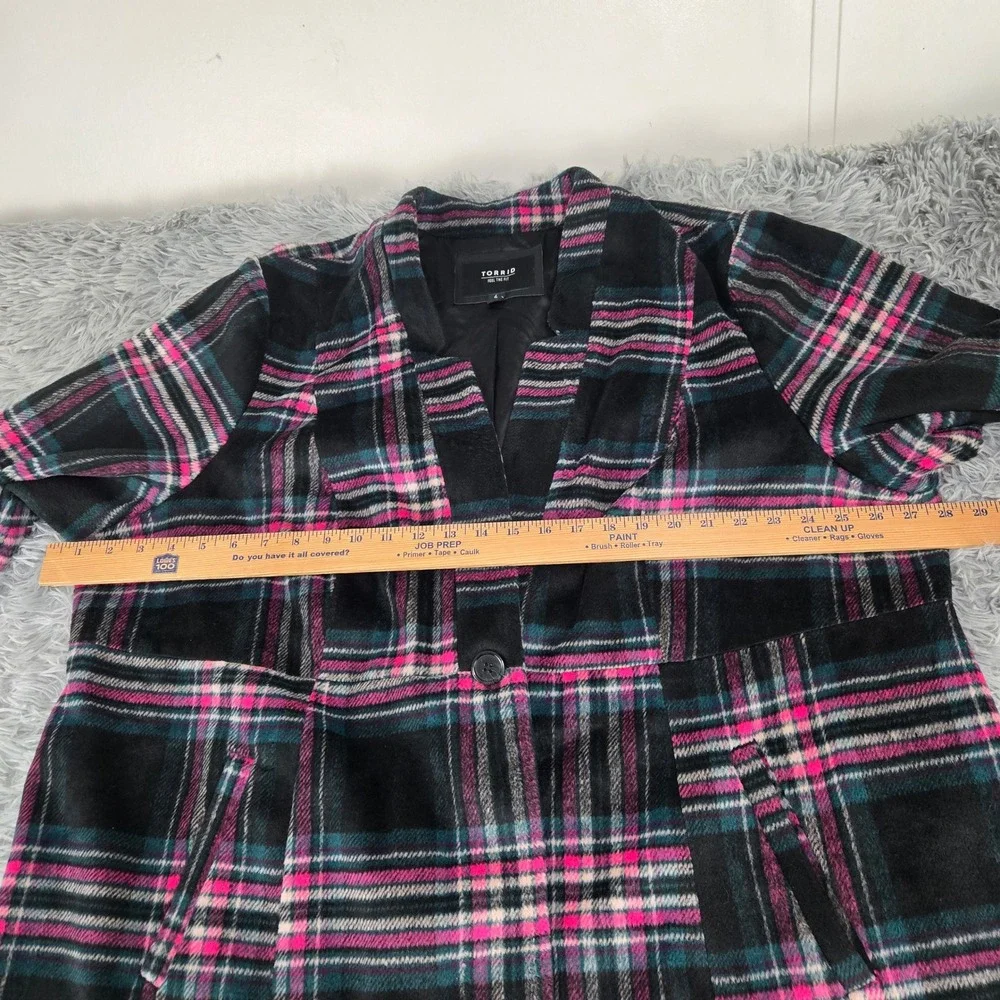 Torrid Womens 4 Black‎ Pink Teal Plaid Wool Blend Longline Single Button Coat